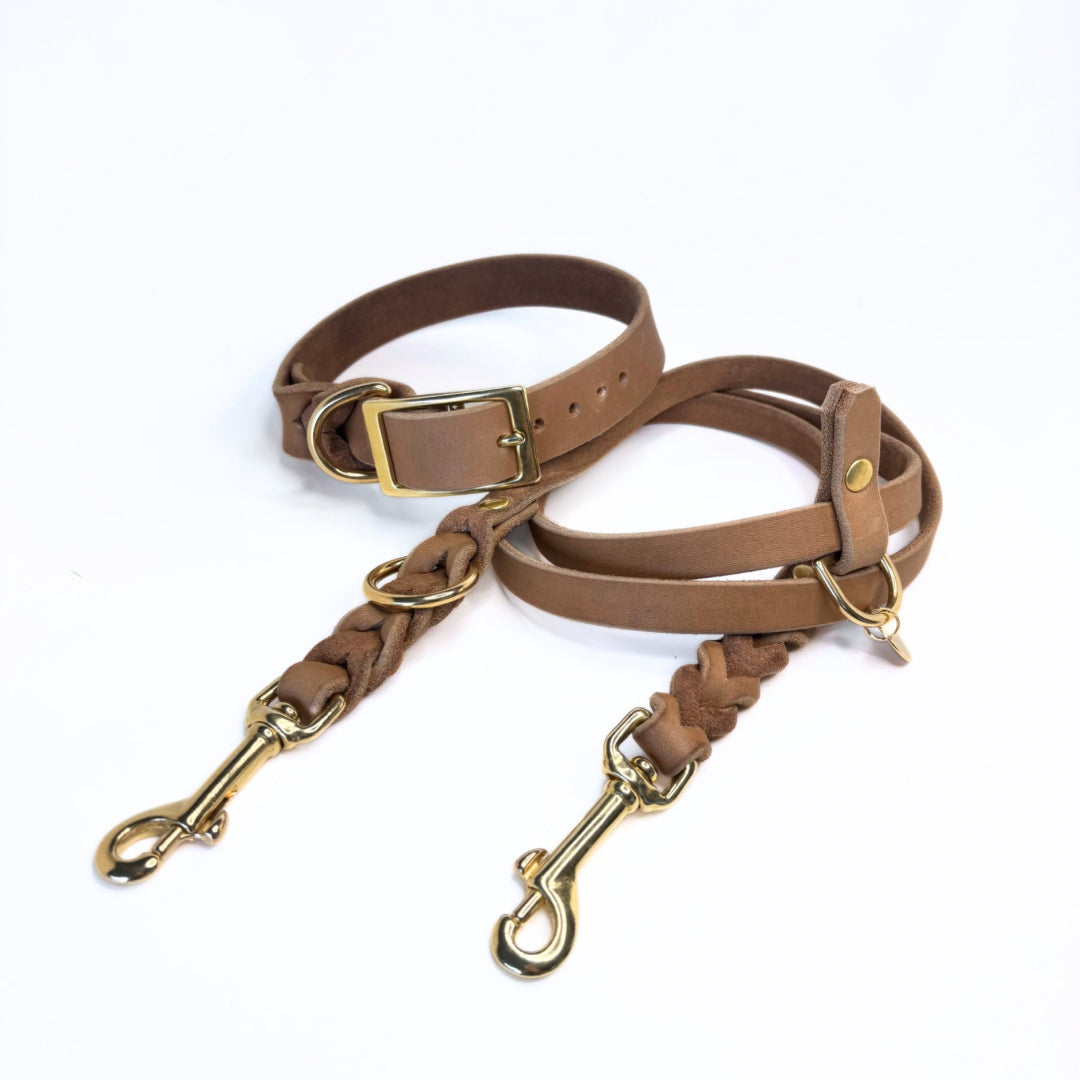 Fettleder Leine, teilgeflochten, Camel