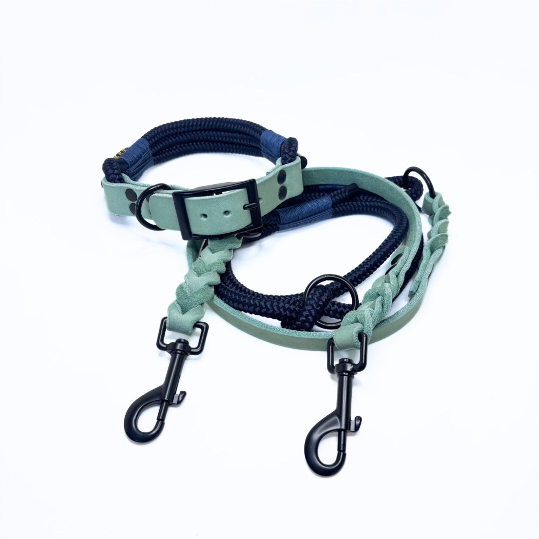 Fettleder und Tau Halsband, Mint und Dunkelblau