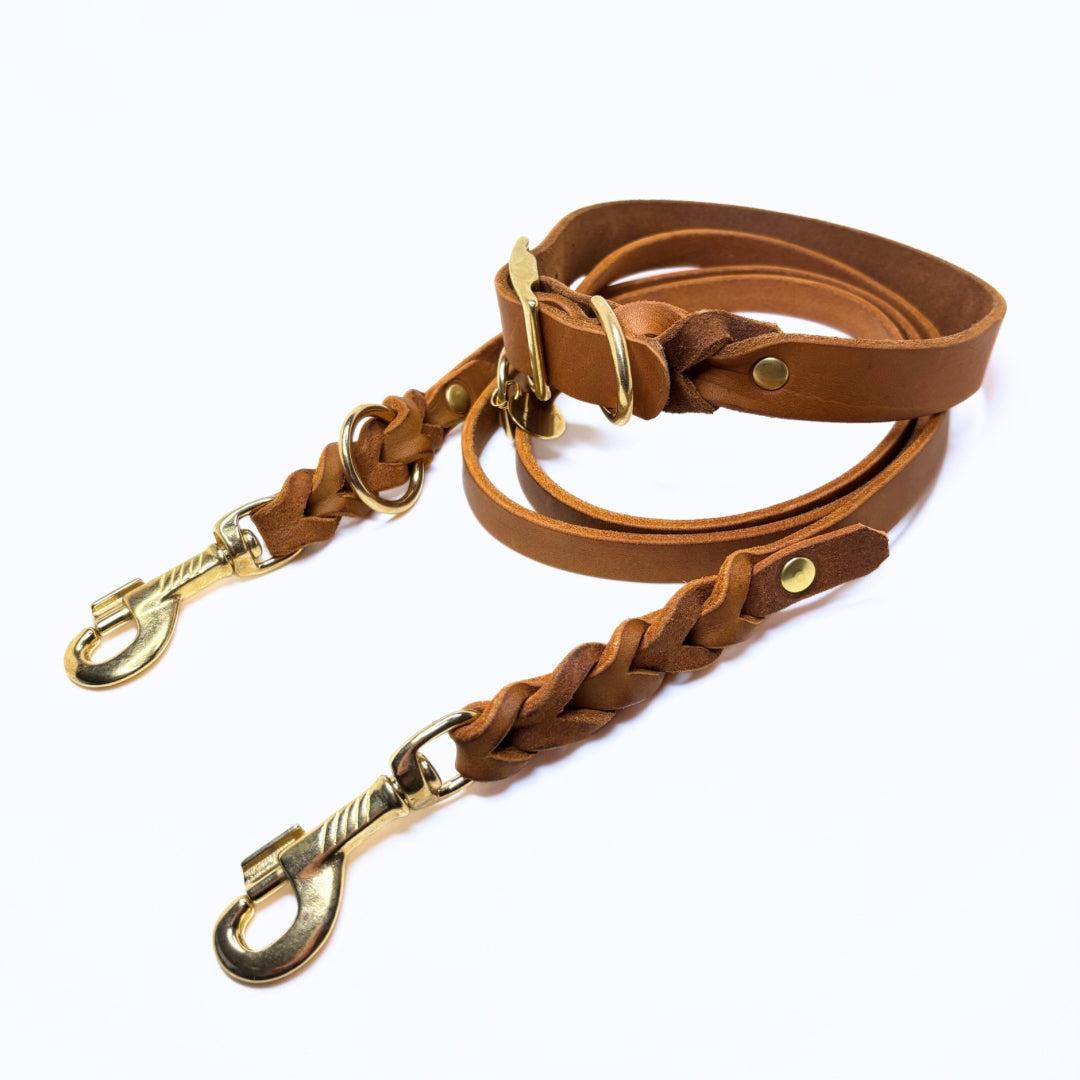 Fettleder Leine, teilgeflochten, Cognac