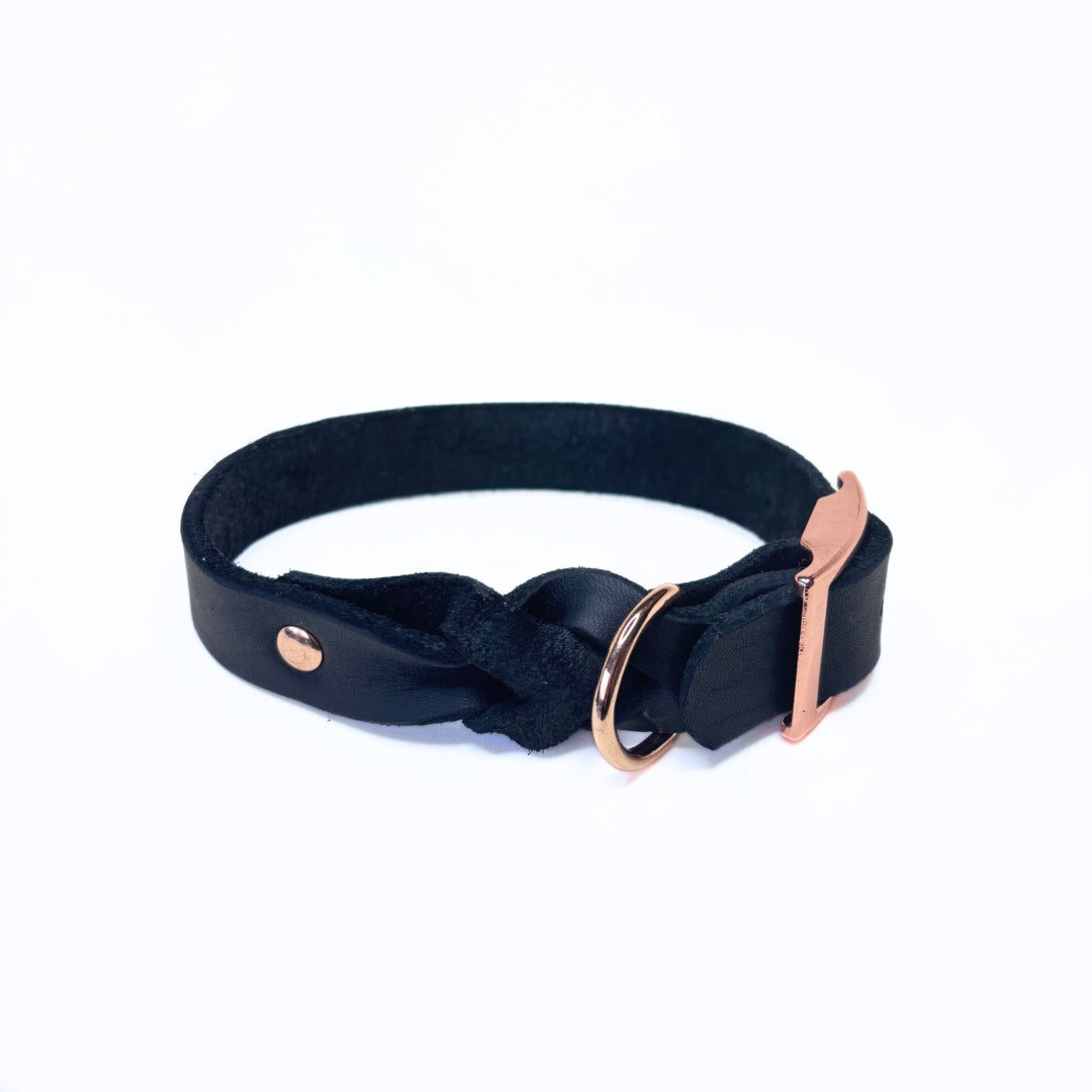 Fettleder Halsband, teilgeflochten, Schwarz
