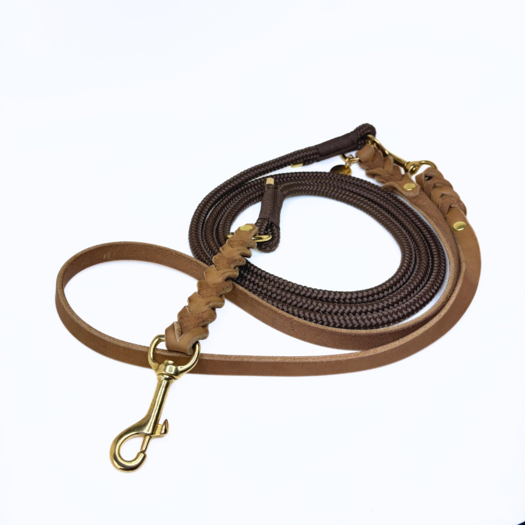 Fettleder und Tau Leine, teilgeflochten, Camel und Braun