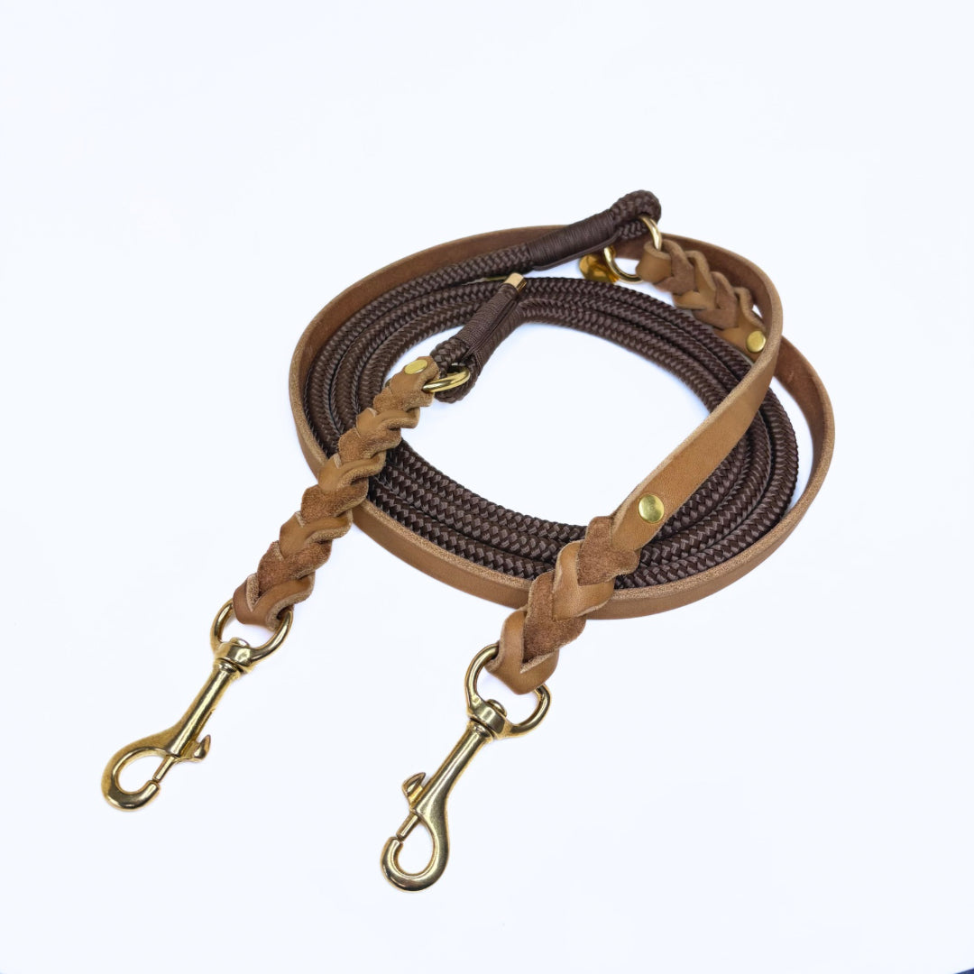 Fettleder und Tau Leine, teilgeflochten, Camel und Braun
