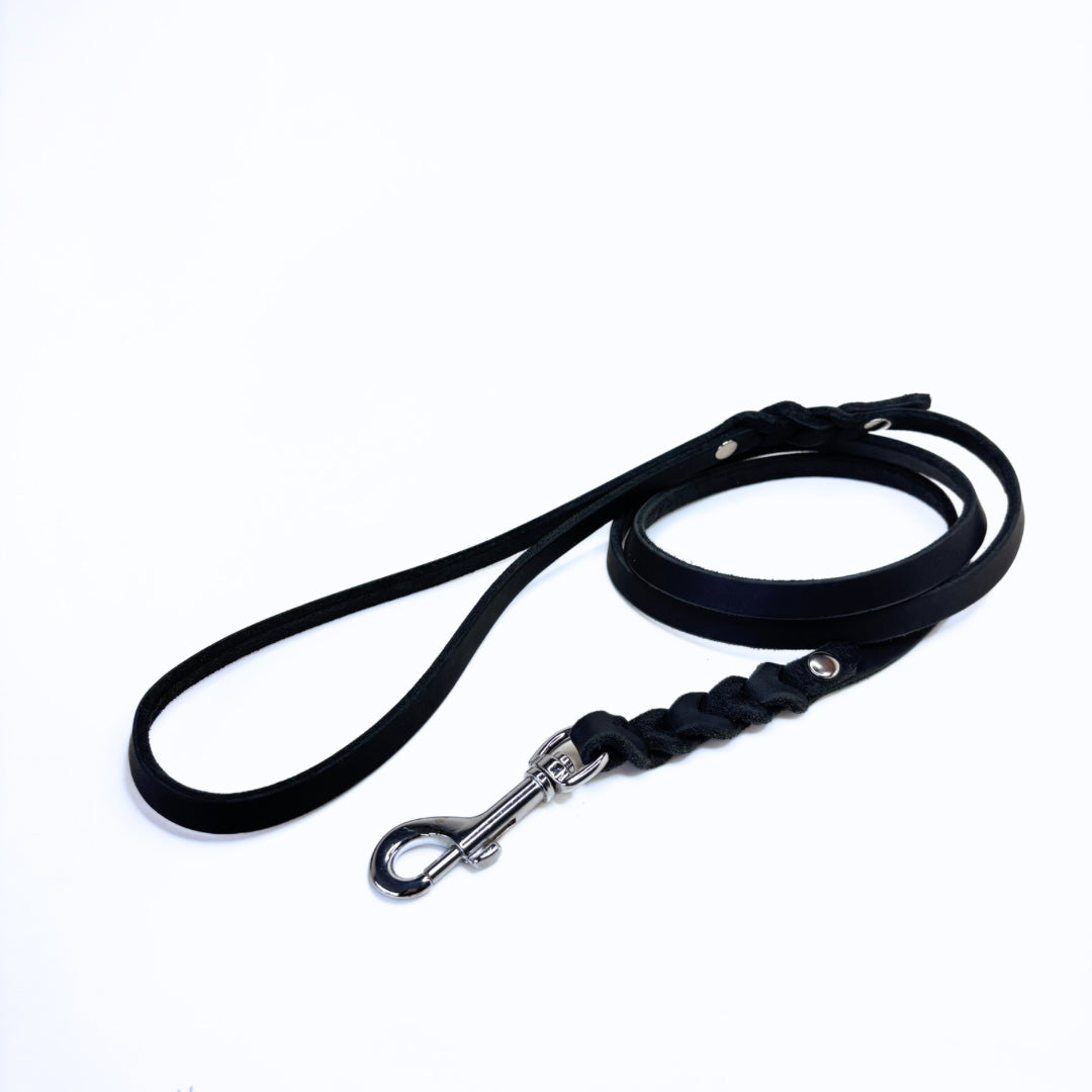 Fettleder Leine, teilgeflochten, mit Handschlaufe, Schwarz
