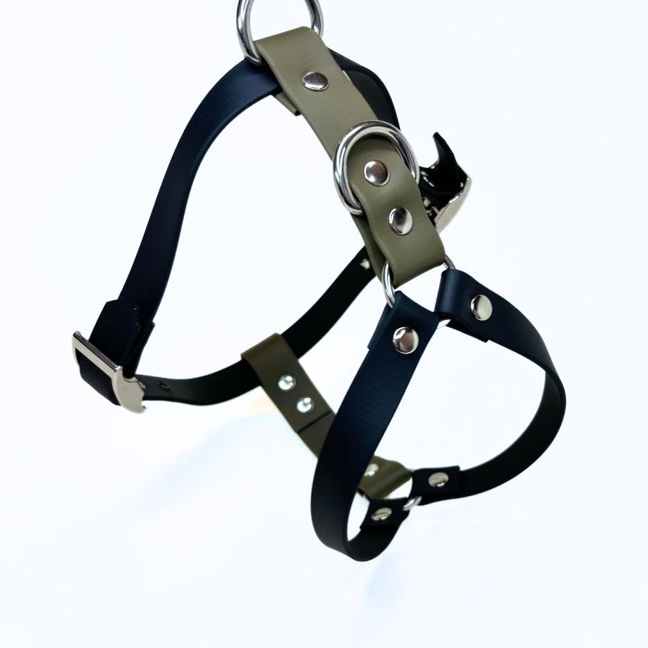 Hundegeschirr Biothane, zweifarbig Schwarz und Olive