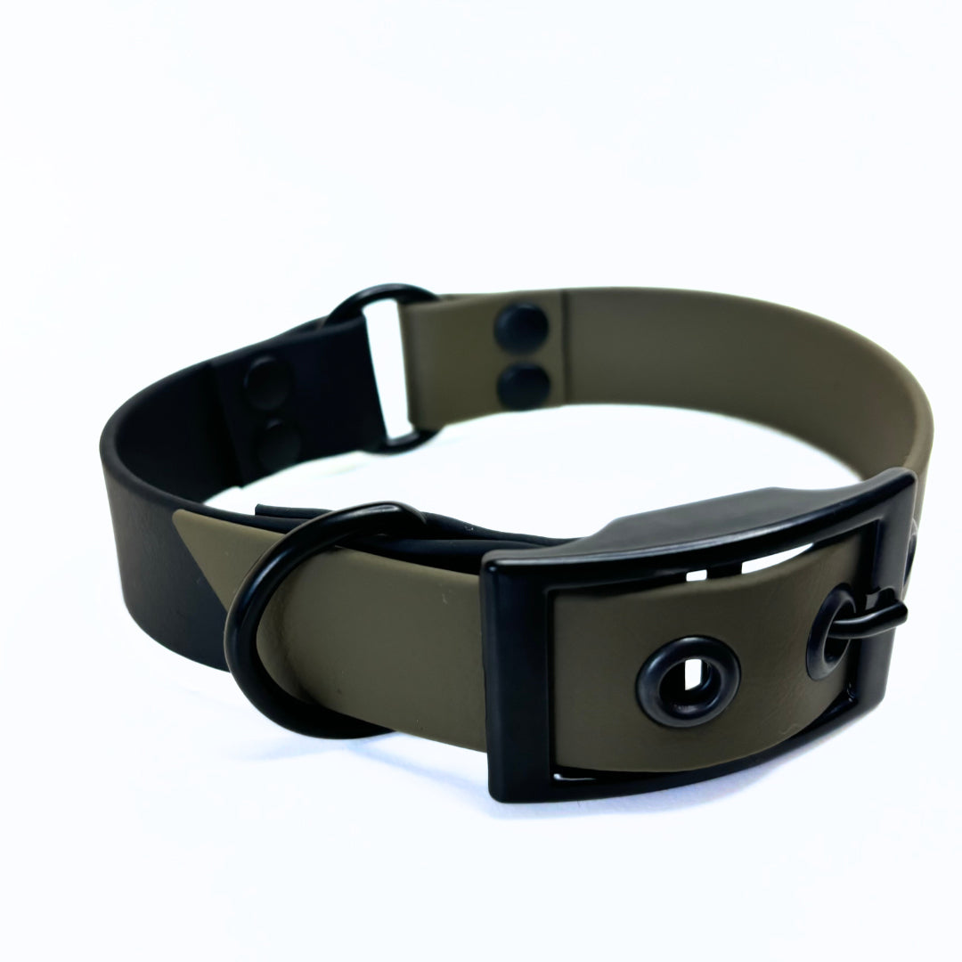 Biothane Halsband, Zweifarbig Schwarz/Olive, verstellbar