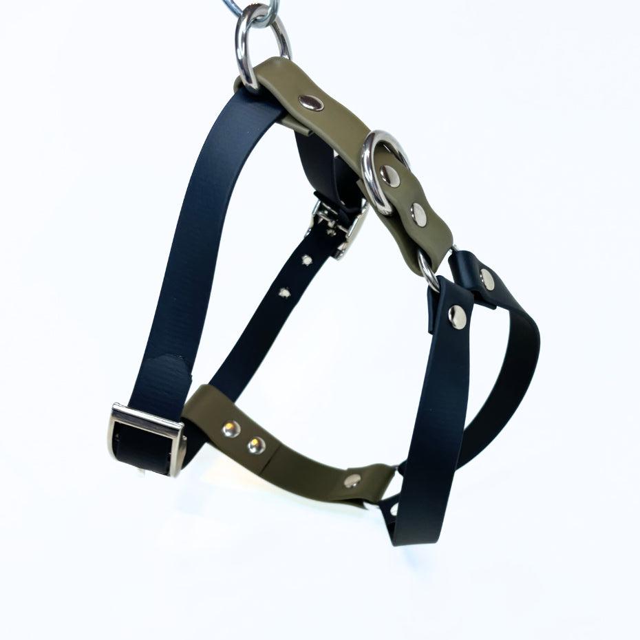 Hundegeschirr Biothane, zweifarbig Schwarz und Olive
