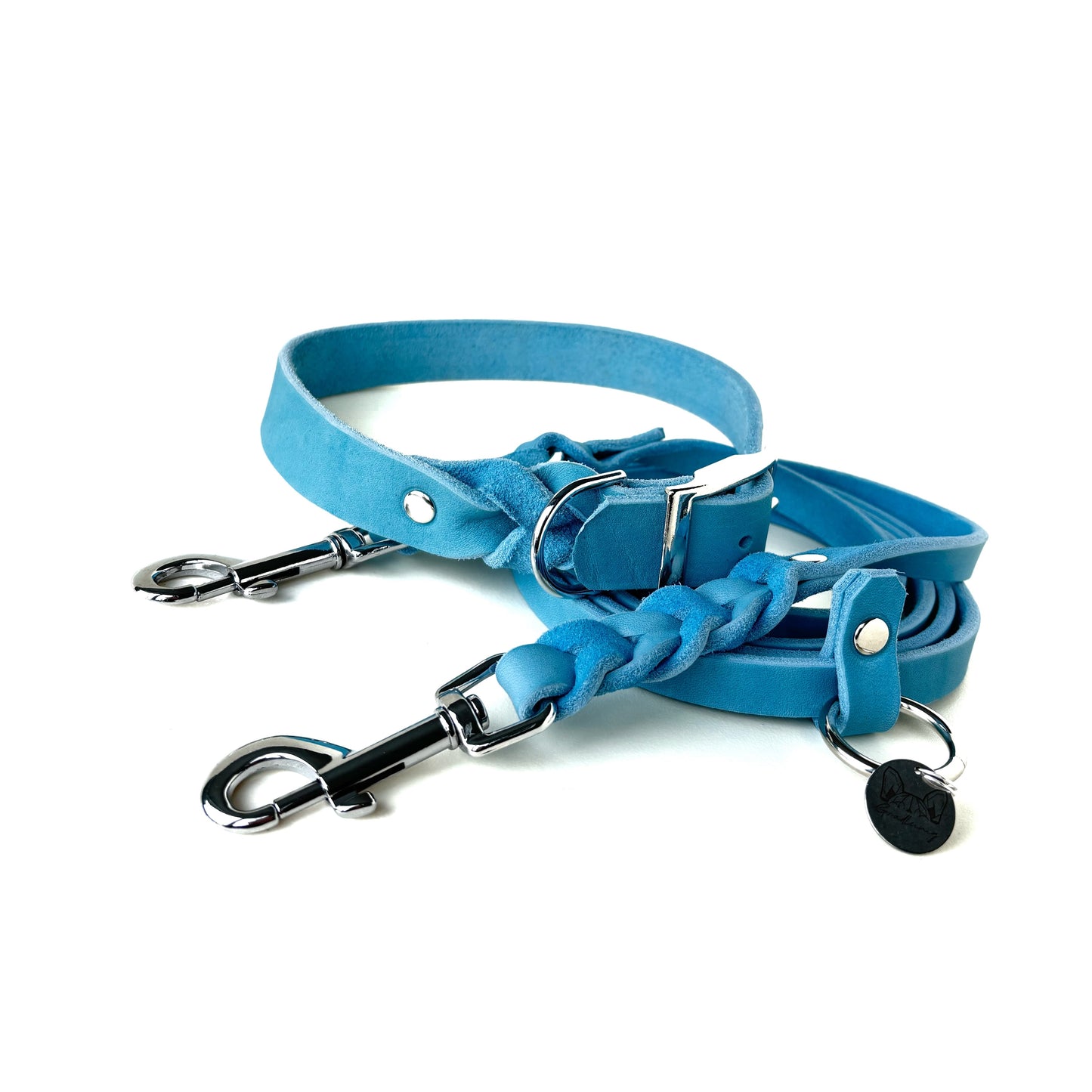 Fettleder Leine, teilgeflochten, Hell Blau