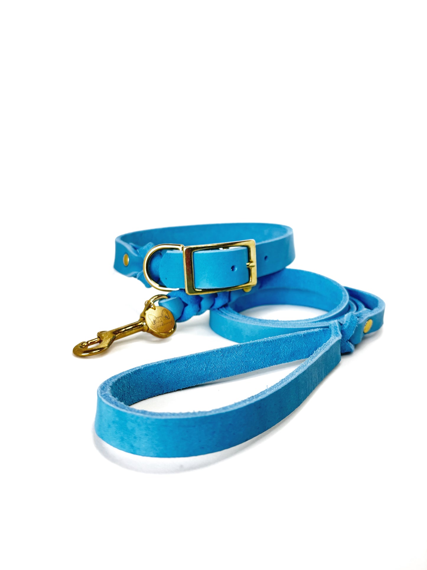 Fettleder Leine, teilgeflochten, mit Handschlaufe, Hell Blau