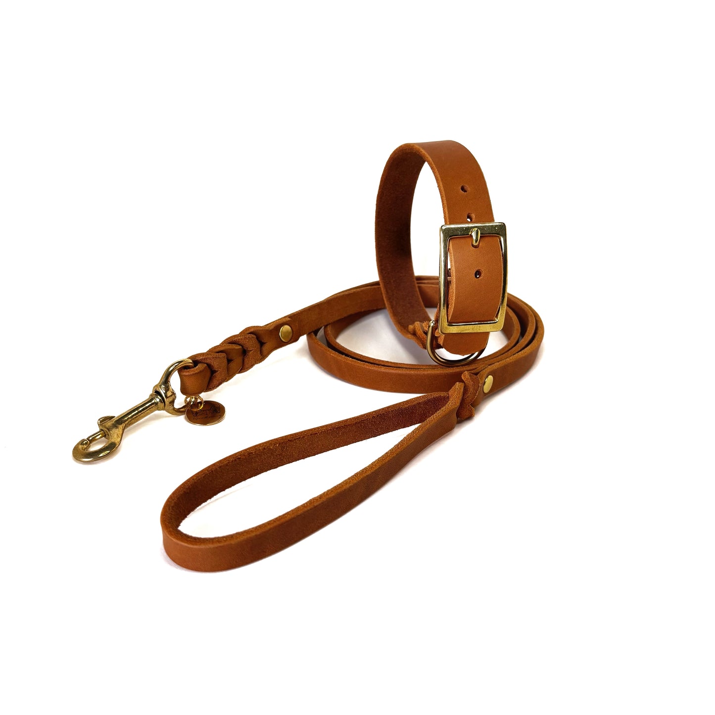 Fettleder Leine, teilgeflochten, mit Handschlaufe, Cognac