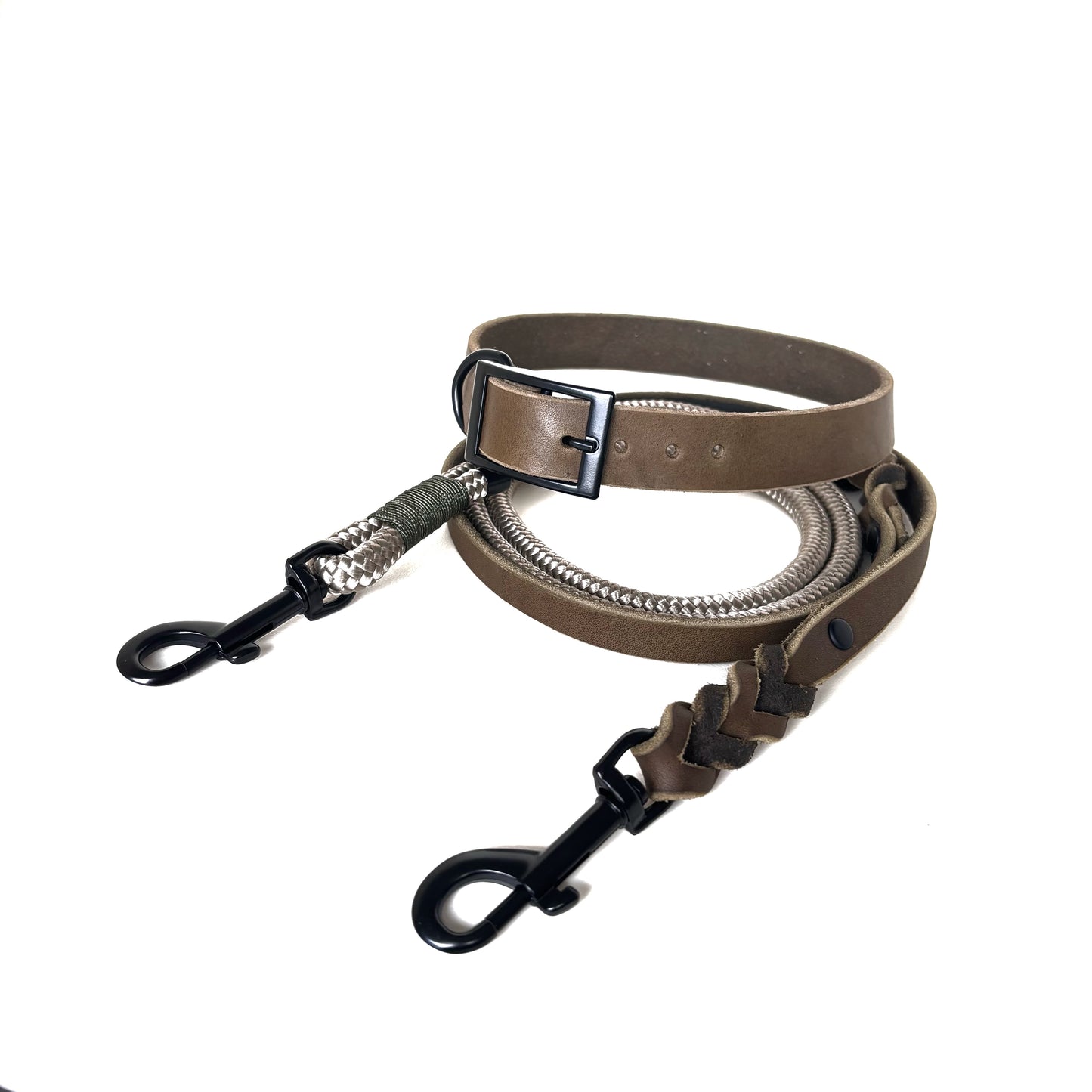 Fettleder und Tau Leine, teilgeflochten, Oliv und Tan