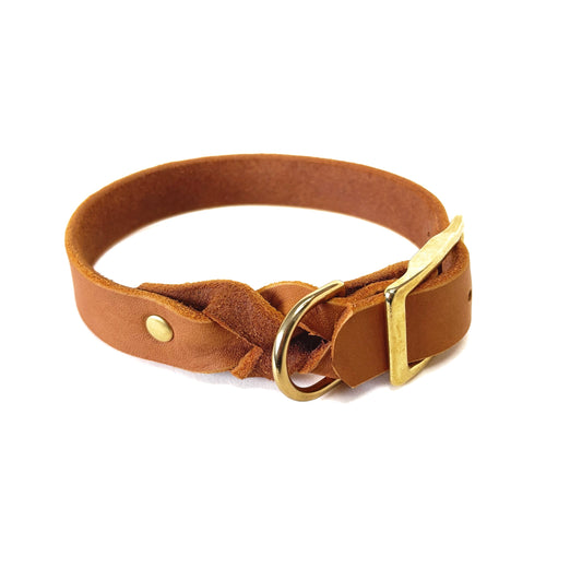 Fettleder Halsband, teilgeflochten, Cognac