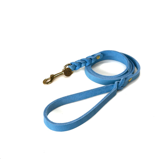 Fettleder Leine, teilgeflochten, mit Handschlaufe, Hell Blau