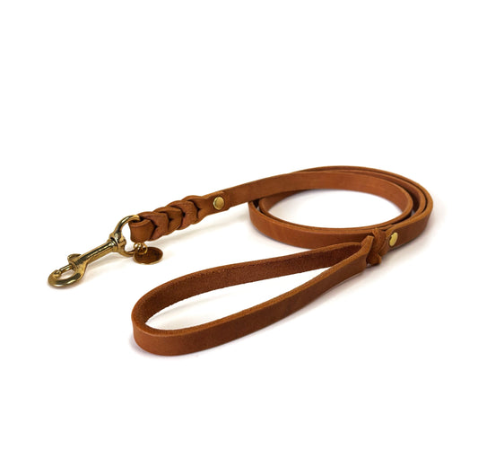 Fettleder Leine, teilgeflochten, mit Handschlaufe, Cognac