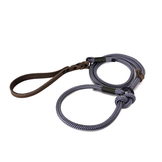 Retrieverleine in Grau mit Olive farbener Schlaufe aus Fettleder