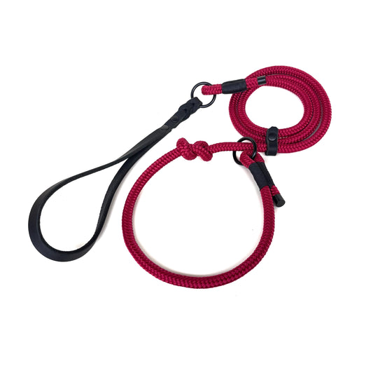 Retrieverleine in Himbeere Rot mit Schwarzer Schlaufe aus Fettleder